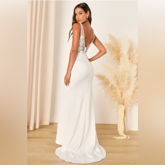 NWOT Lulu Precious Promise White Satin Embroidered Lace Mermaid Maxi Dress - Picture 3 of 7